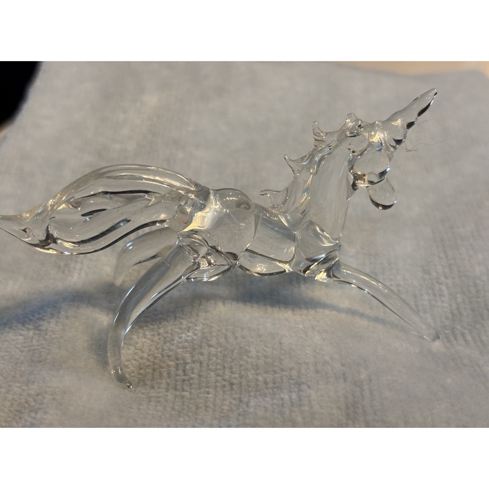 Vintage Hand Blown Art Glass Unicorn Figurine 2" tall Standing Horse Tail Up